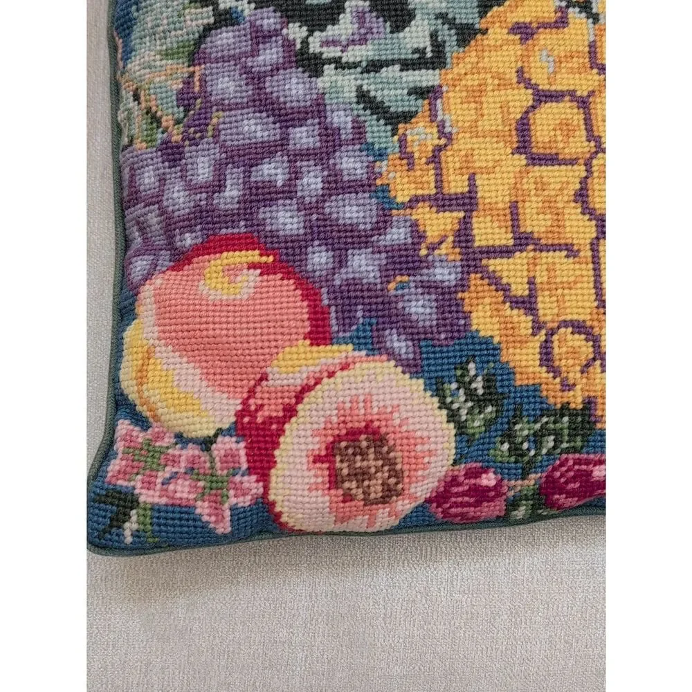 Handmade Fruit Needlepoint Pillow - Blue Background Yellow Pineapple Vintage